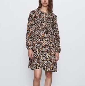Zara Dainty Floral Cottage Long Sleeve Mini Swing Dress - Size Small